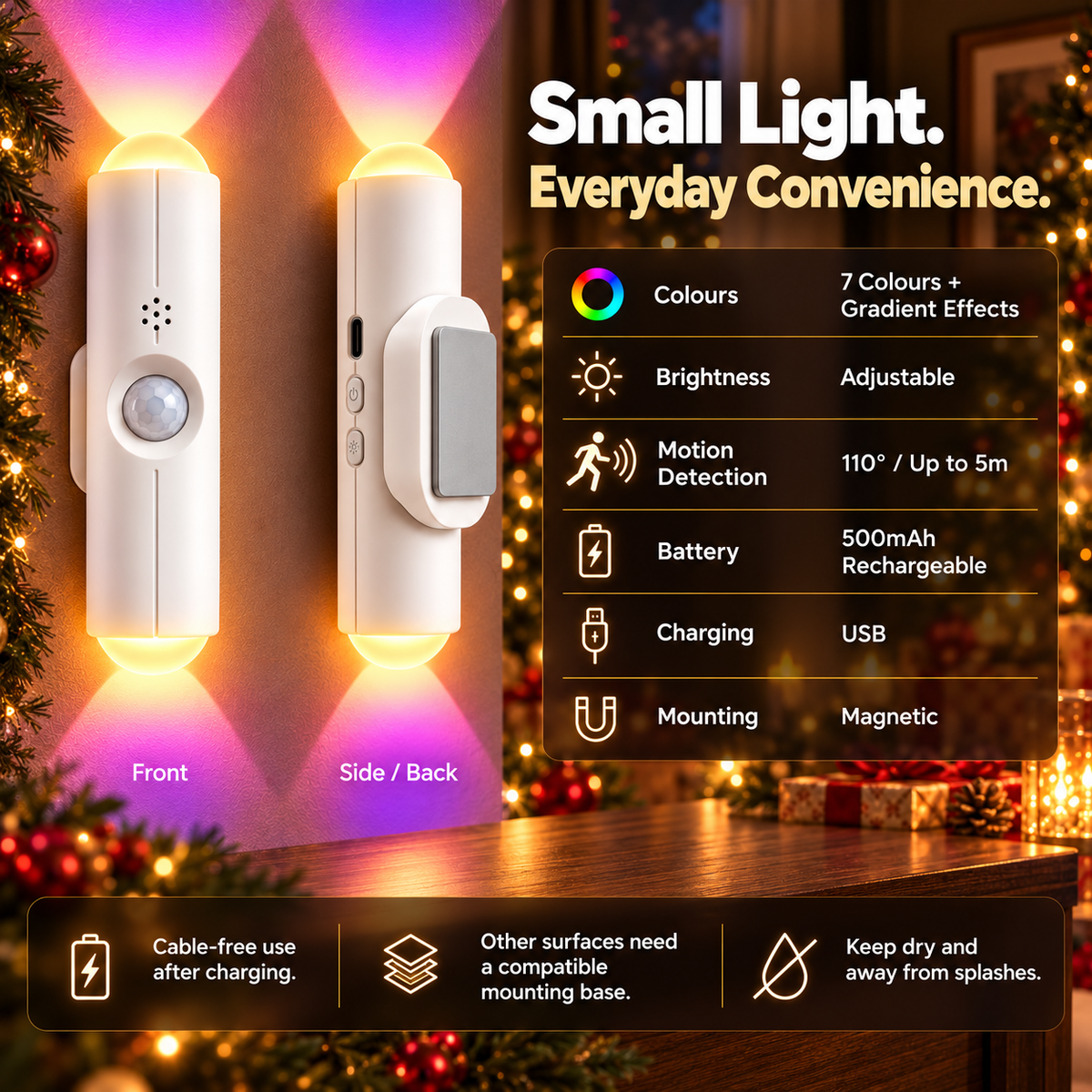 🎁🎄 Christmas RGB Mood Light – 7 Colours to Turn Your Home into Your Personal Sanctuary | Rechargeable & Motion Activated | Devareon®