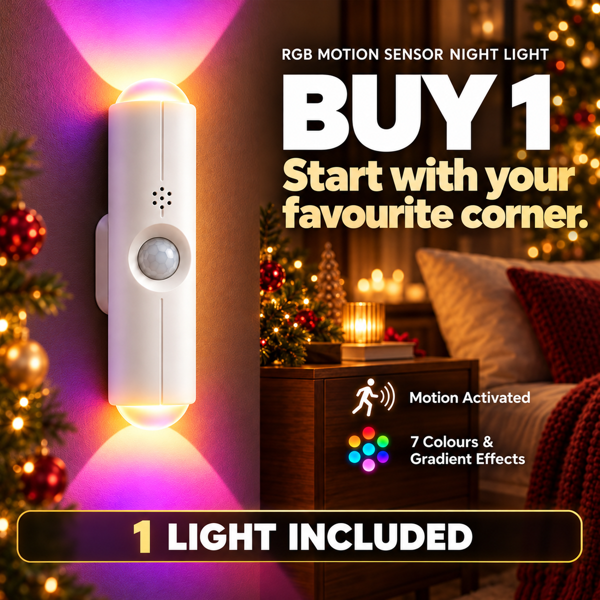 🎁🎄 Christmas RGB Mood Light – 7 Colours to Turn Your Home into Your Personal Sanctuary | Rechargeable & Motion Activated | Devareon®