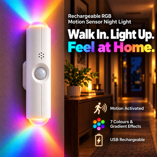 🌈 Buy 2 Get 1 Free | Rechargeable Motion Sensor Night Light – Dimmable RGB Glow for Cozy Spaces | Devareon®