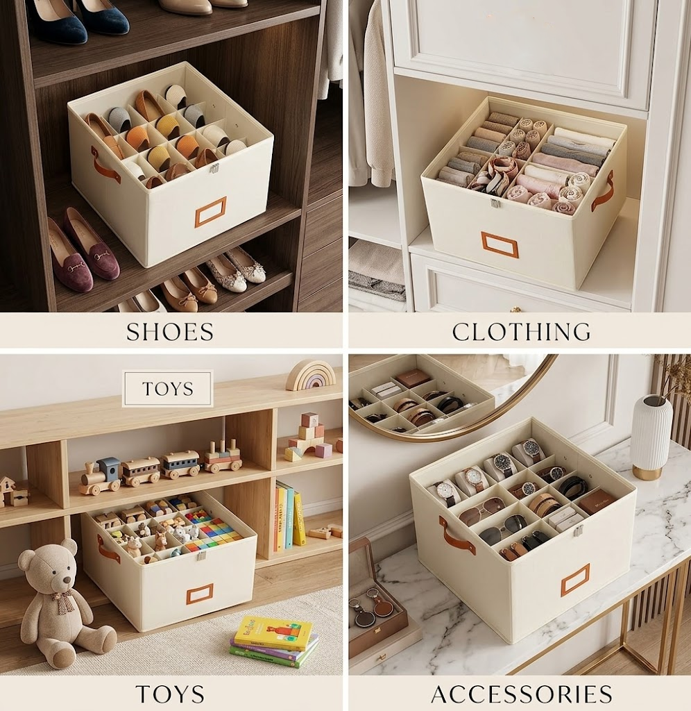 Devareon®🔥Oxford Fabric Foldable Design Shoe Organizer, Storage Box– Large Capacity, Dustproof & Breathable for Closet & Bedroom 🧺✨