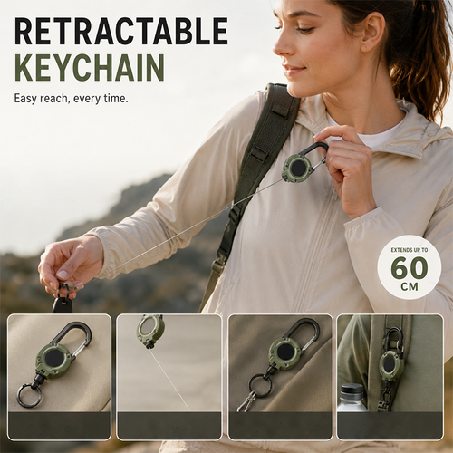 Devareon® 💥LAST DAY SALE 40%OFF💥🏆Retractable Carabiner Keychain 🎣 – 60cm Steel Cord, Heavy-Duty Badge Reel, Lightweight EDC Tool for Keys, ID & Outdoor Use