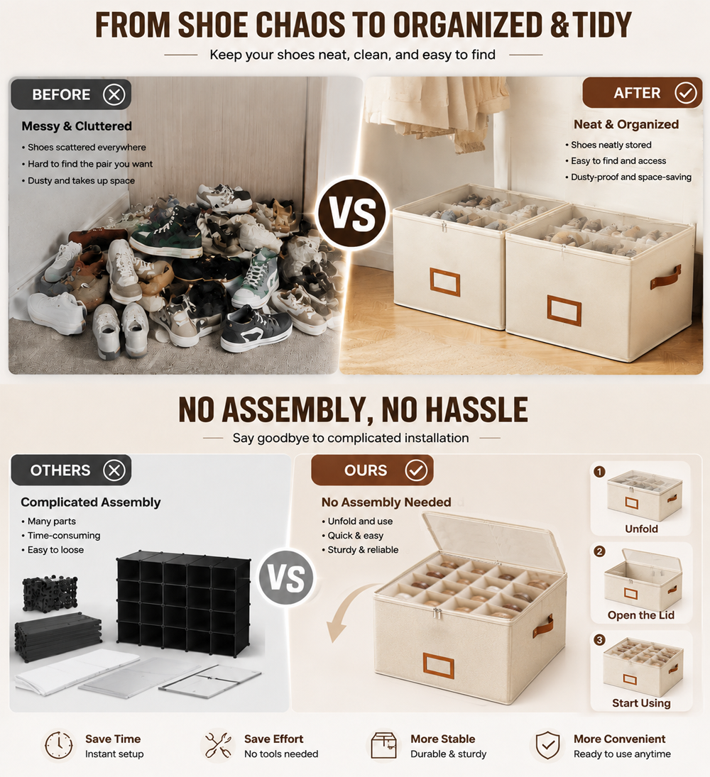 upsell🔥Oxford Fabric Foldable Design Shoe Organizer, Storage Box– Large Capacity, Dustproof & Breathable for Closet & Bedroom 🧺✨ — Devareon®