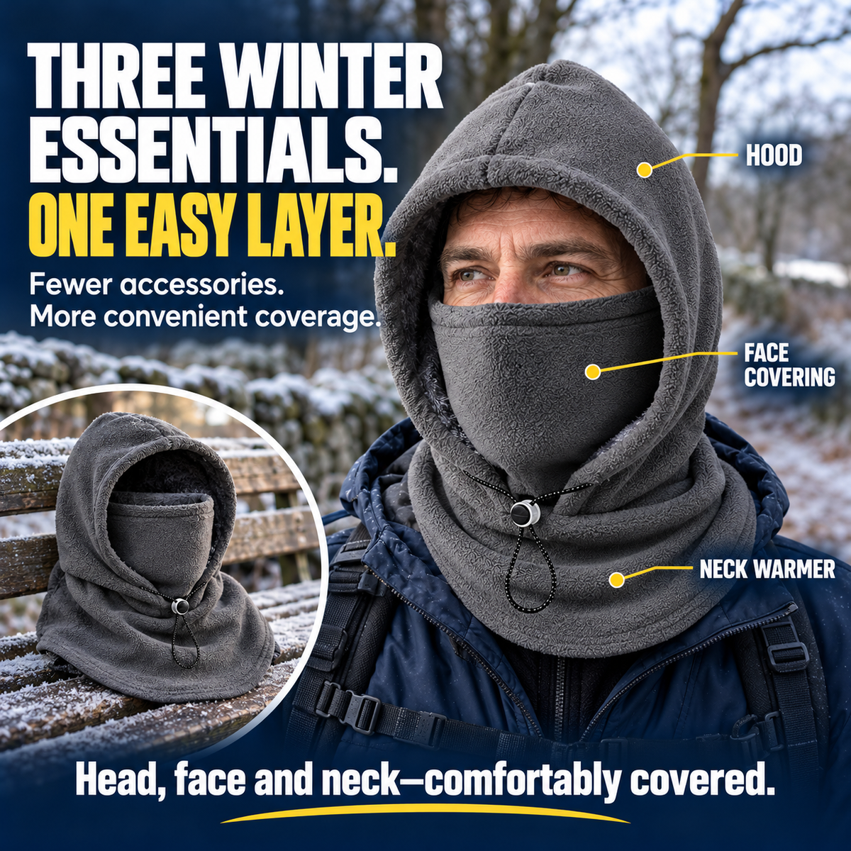 🎉 Limited-Time 40% OFF ❄️ 3-in-1 Windproof Thermal Fleece Balaclava | Adjustable Hood, Face Mask & Neck Warmer for Everyday Winter Comfort | Devareon®