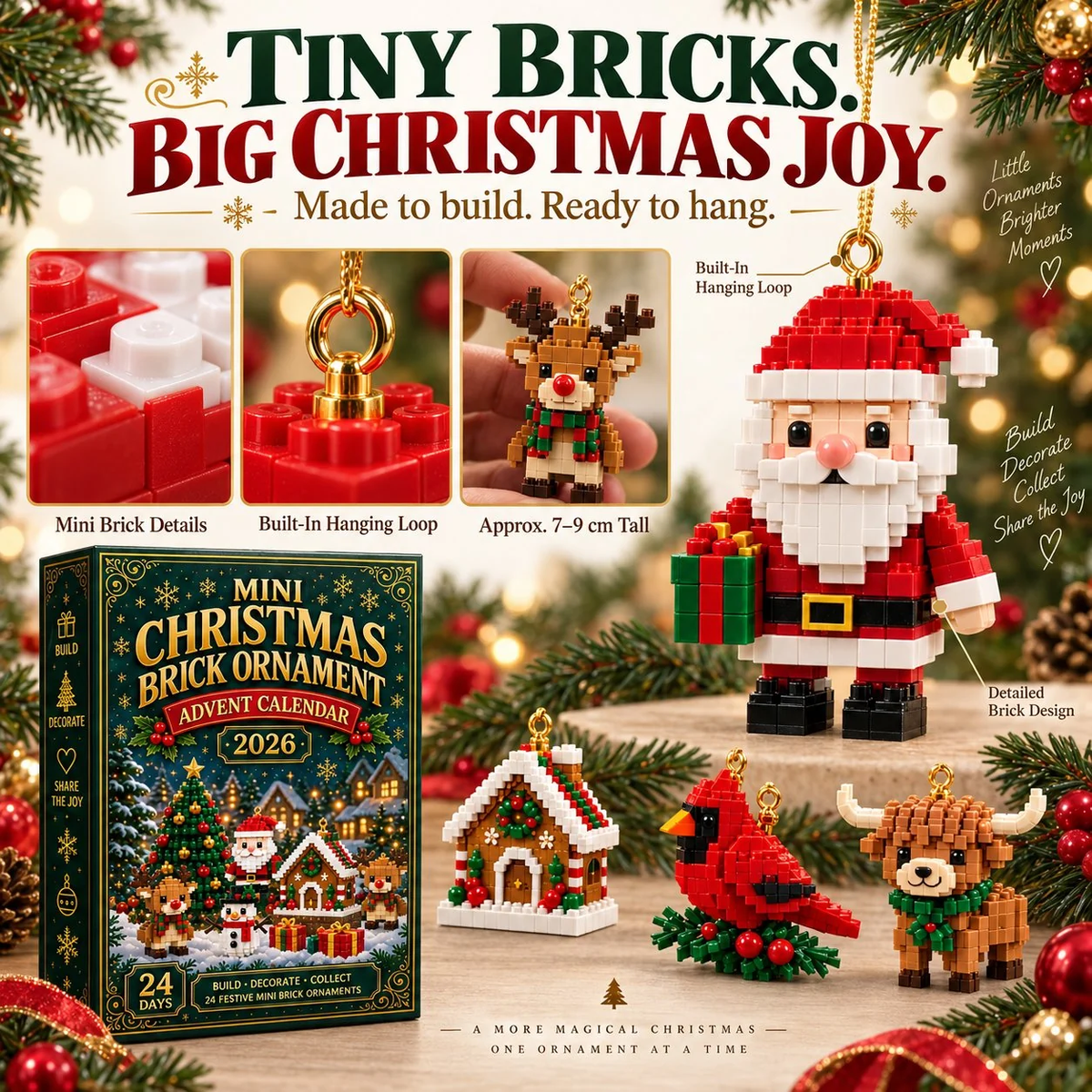 ⏳ Last day to save 40% – 🎄 24-Day Mini Christmas Ornament Advent Calendar | 24 unique festive buildable designs with hanging loops—perfect for decorating Christmas trees, wreaths, and holiday displays 🧱