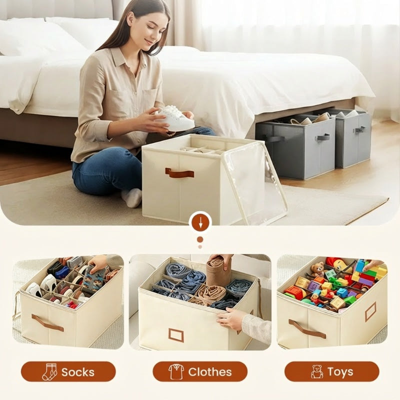 Devareon®🔥Oxford Fabric Foldable Design Shoe Organizer, Storage Box– Large Capacity, Dustproof & Breathable for Closet & Bedroom 🧺✨
