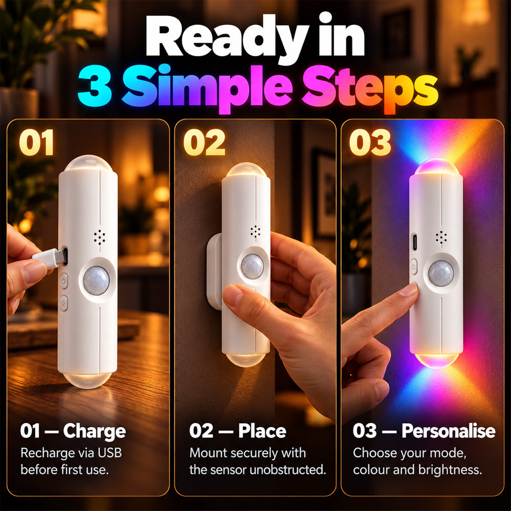 🌈 Buy 2 Get 1 Free | Rechargeable Motion Sensor Night Light – Dimmable RGB Glow for Cozy Spaces | Devareon®