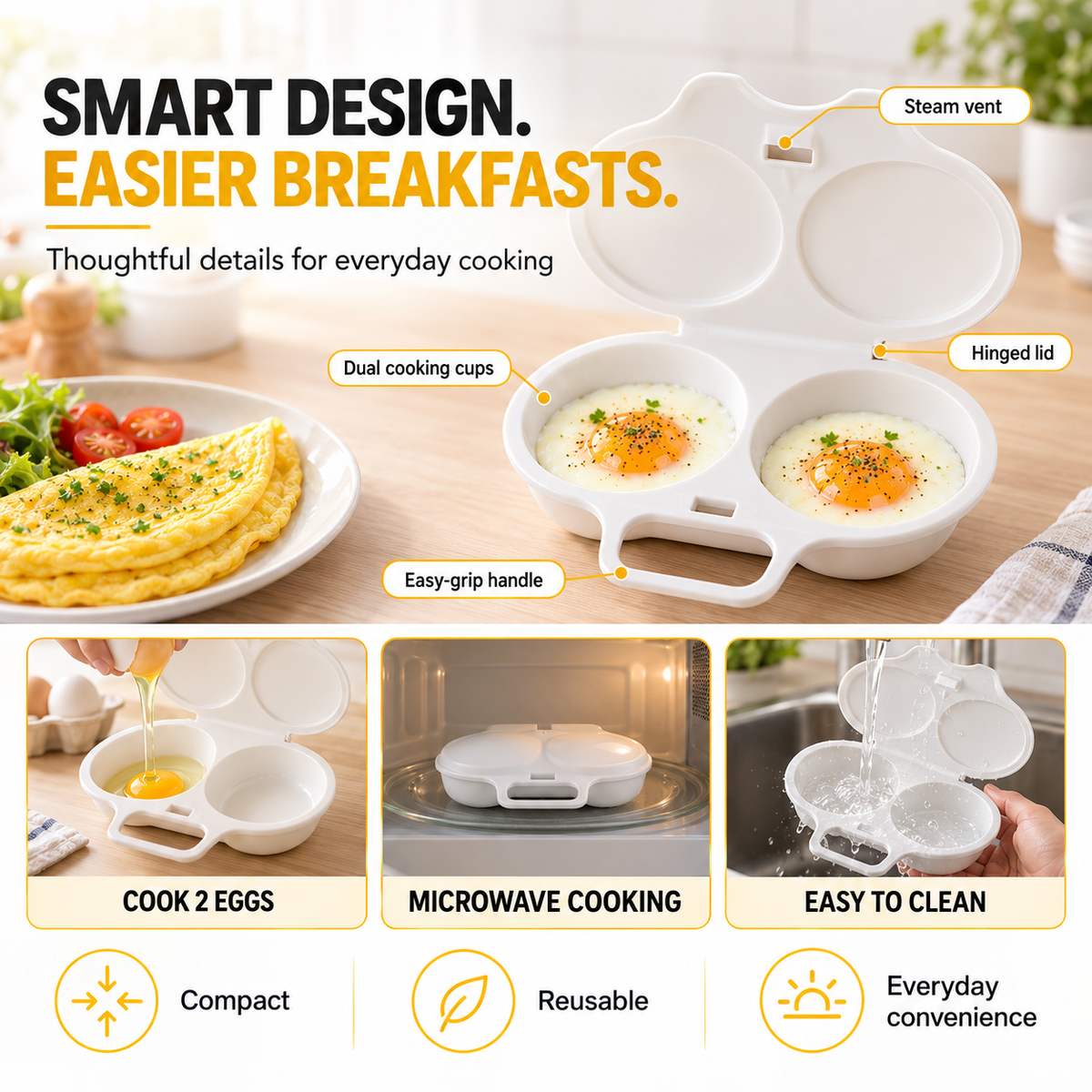 🥳2026 HOT SALE🎁 BUY 2 GET 1 FREE!💥2-Minute Breakfast Made Easy!⏱️No Oil, No Mess, Multi-Use Microwave Egg Poacher | Devareon®
