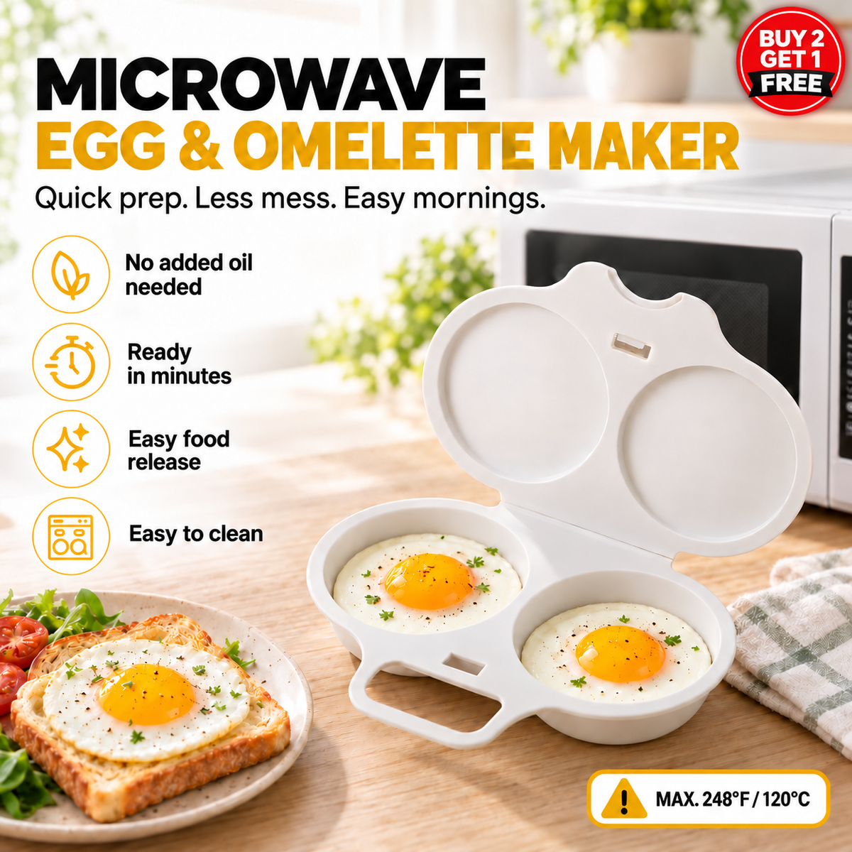 🥳2026 HOT SALE🎁 BUY 2 GET 1 FREE!💥2-Minute Breakfast Made Easy!⏱️No Oil, No Mess, Multi-Use Microwave Egg Poacher | Devareon®