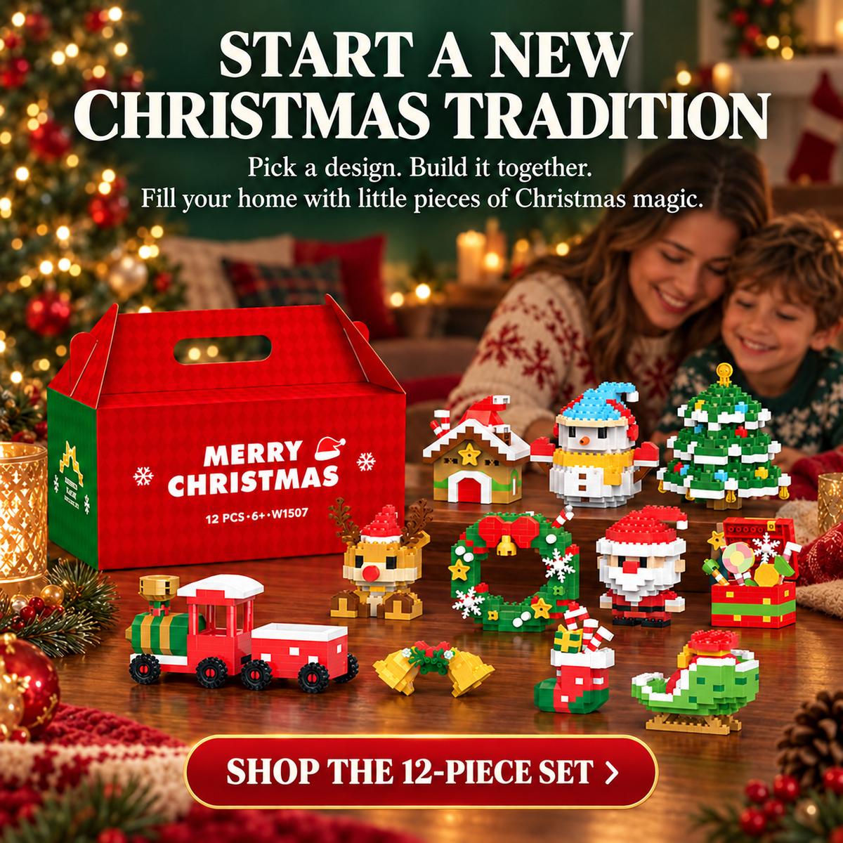 🧩🎅 Christmas Countdown Sale!🎁40% OFF | 🎄12-Piece Mini Christmas Building Blocks Set | 12 Festive Designs to Build Together & Display at Home 🧱| Devareon®
