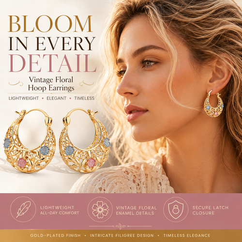 Devareon®🎁🌟Gold-Plated Crescent Hoop Earrings with Enamel Flowers🌙
