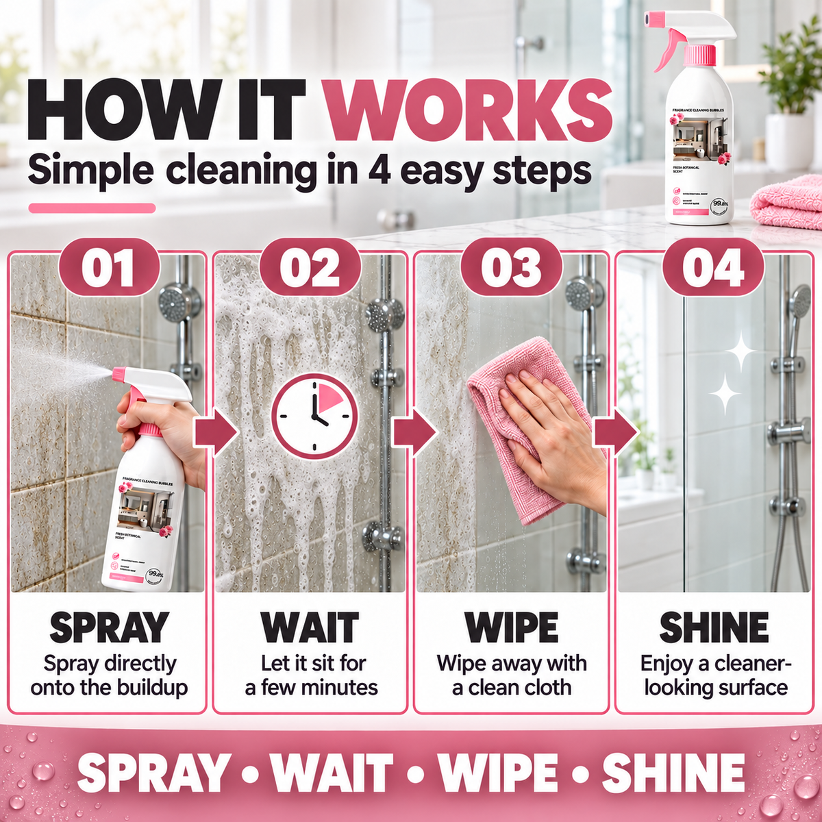 🌸Multi-Purpose Bathroom Cleaner Spray🫧Powerful Dirt & Grime Removal, Less Scrubbing — Shower, Tile & Glass Cleaner | Devareon®