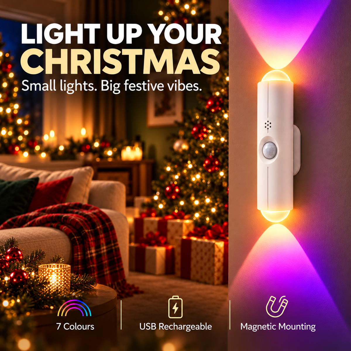 🎁🎄 Christmas RGB Mood Light – 7 Colours to Turn Your Home into Your Personal Sanctuary | Rechargeable & Motion Activated | Devareon®