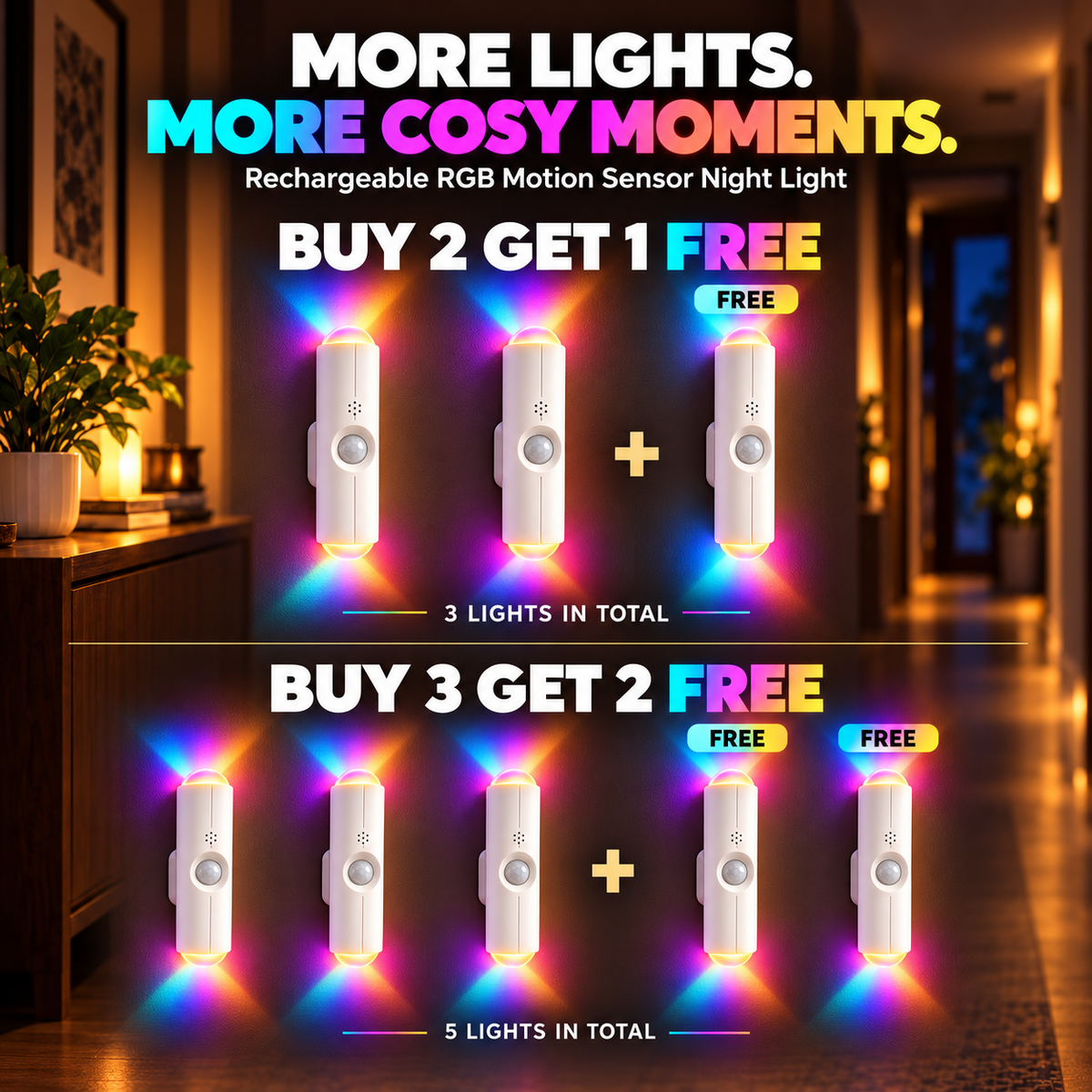 🌈 Buy 2 Get 1 Free | Rechargeable Motion Sensor Night Light – Dimmable RGB Glow for Cozy Spaces | Devareon®