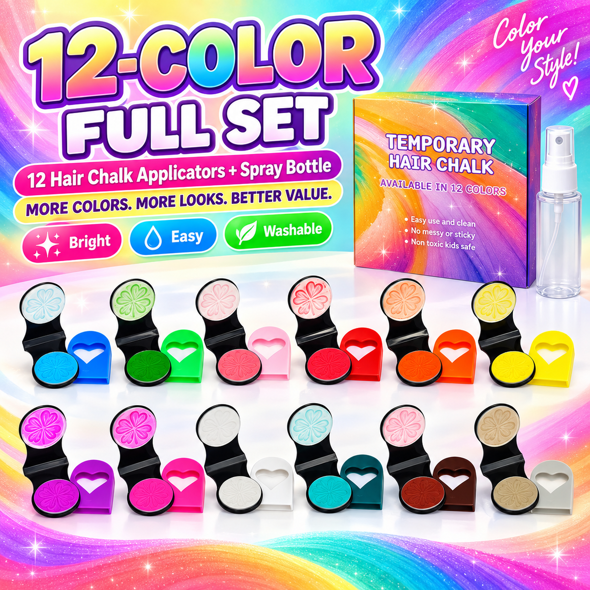 🌈 12-Color Temporary Hair Chalk Applicator Set – Perfect for Parties, Festivals & Holiday Looks| Devareon®