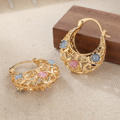 Devareon®🎁🌟Gold-Plated Crescent Hoop Earrings with Enamel Flowers🌙