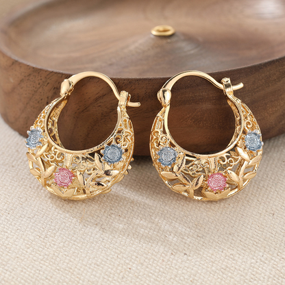 Devareon®🎁🌟Gold-Plated Crescent Hoop Earrings with Enamel Flowers🌙
