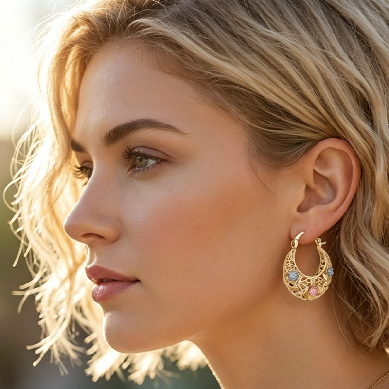 Devareon®🎁🌟Gold-Plated Crescent Hoop Earrings with Enamel Flowers🌙