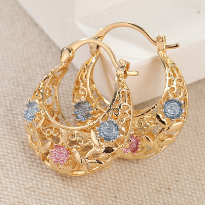 Devareon®🎁🌟Gold-Plated Crescent Hoop Earrings with Enamel Flowers🌙