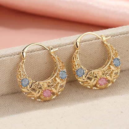Devareon®🎁🌟Gold-Plated Crescent Hoop Earrings with Enamel Flowers🌙