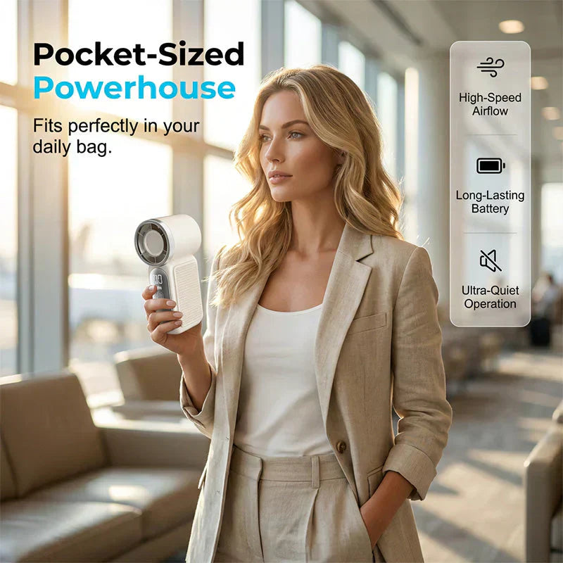 Devareon®🥳2026 HOT SALE🥳50K+ SOLD!❄️  Turbo Handheld Fan – 16900 RPM, 6 speeds, LED display. 3000mAh battery, 10.7hrs cooling. Pocket‑sized power!