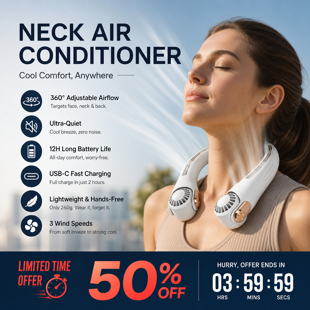 Devareon® 🥳2026 HOT SALE🥳💞50K+ SOLD!🍃 Neck Air Conditioner Fan – Ultra‑quiet, 360° rotating, 3 speeds. Hands‑free cooling, long battery. Summer essential! 😎🌬️